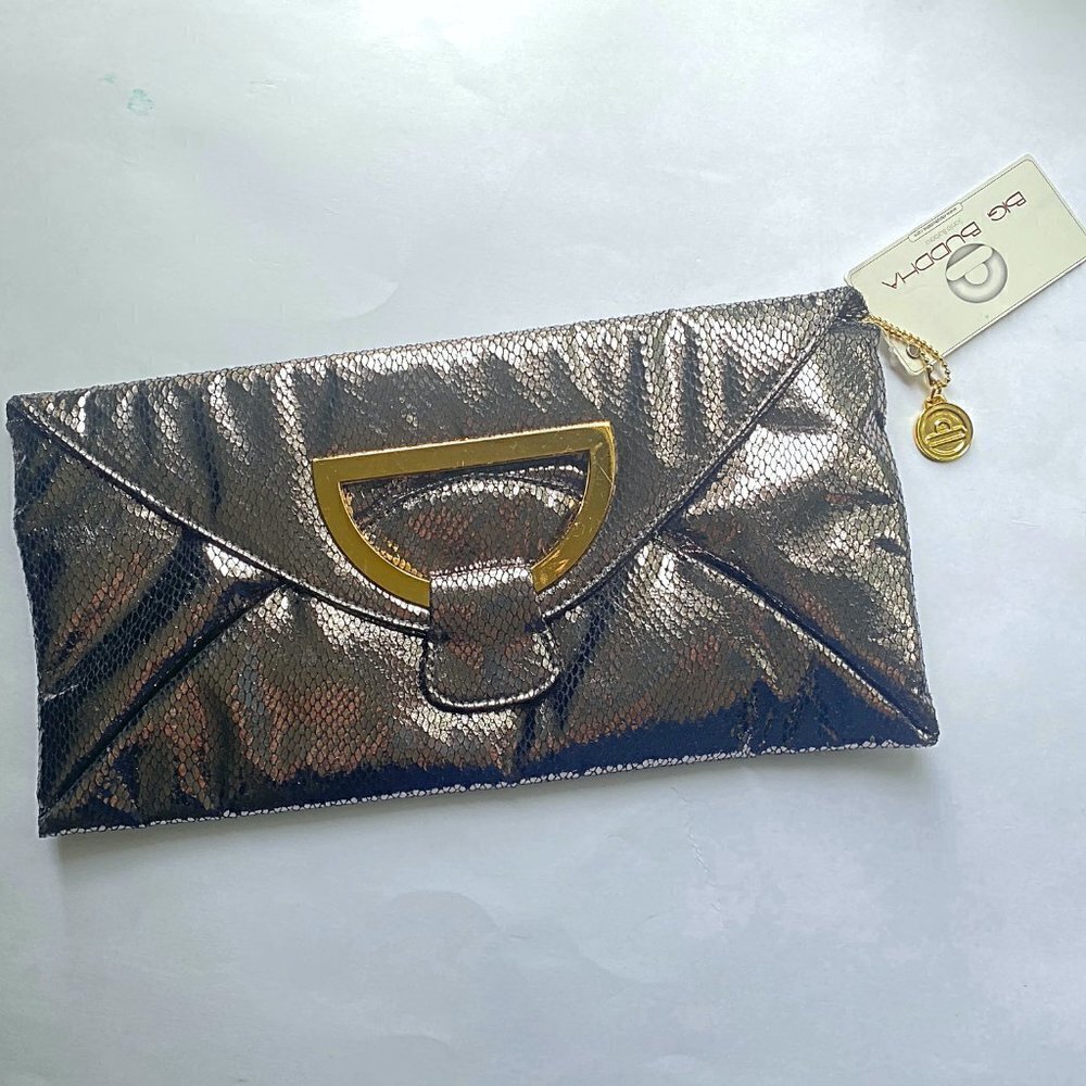 Big Buddha Silver Metallic Snakeskin Clutch Bag